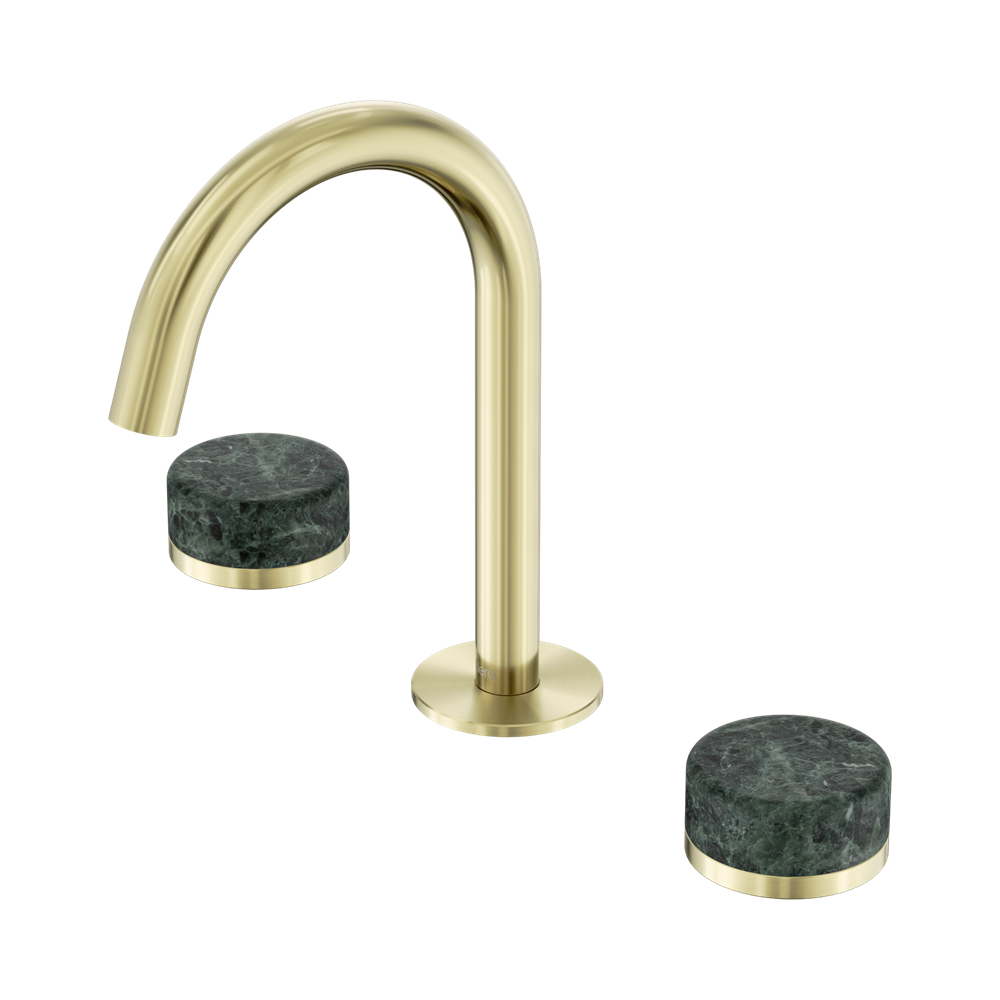 Nero Serenity Basin Set Arc Spout With Verde Alpi Handle Brushed Brushed Gold