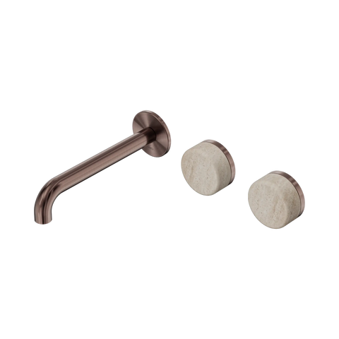 Nero Serenity Wall Basin Set 185mm Offset Spout With Rome Travertine Handle - Brushed Bronze