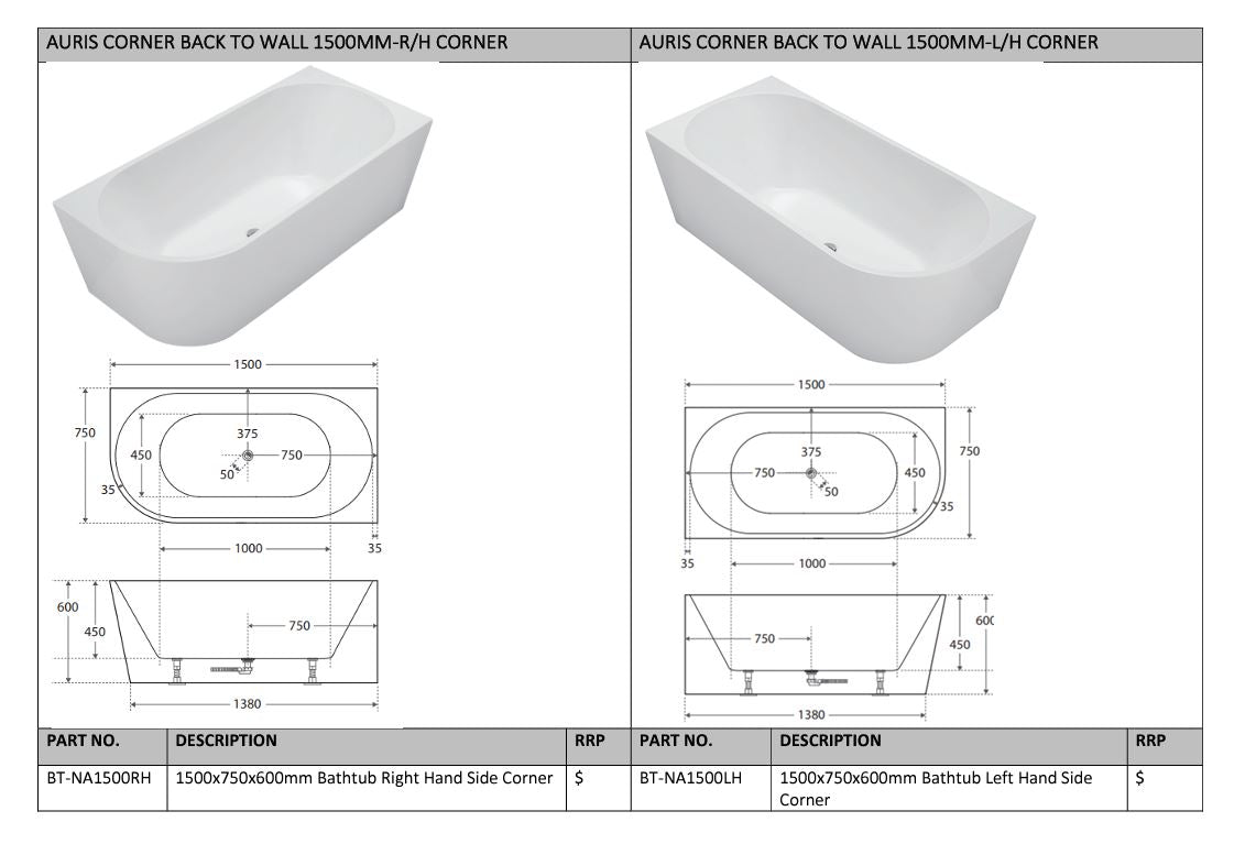 Cassa Designs Auris Corner Back to Wall Bathtub