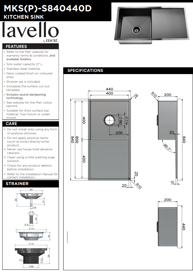 Meir Lavello Kitchen Sink - Single Bowl & Drainboard 840 x 440 - Gunmetal