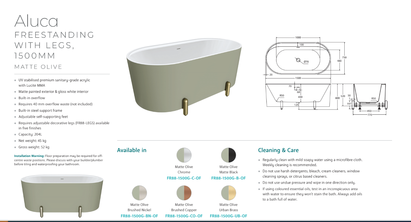 Aluca Freestanding with Legs, 1500mm Olive