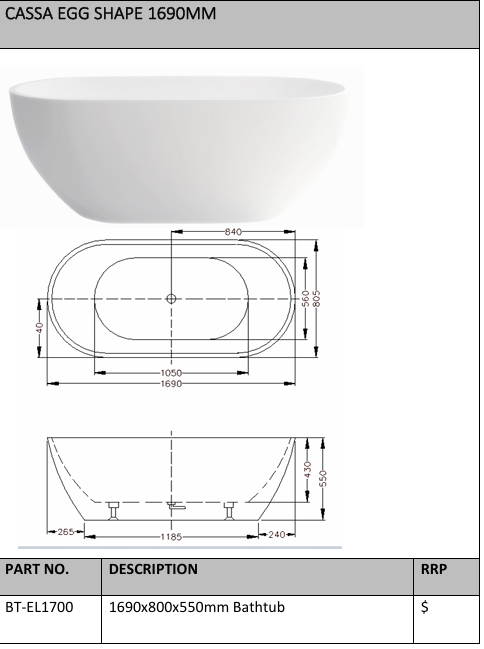 Cassa Design 1700mm Egg Shape Freestanding Bath