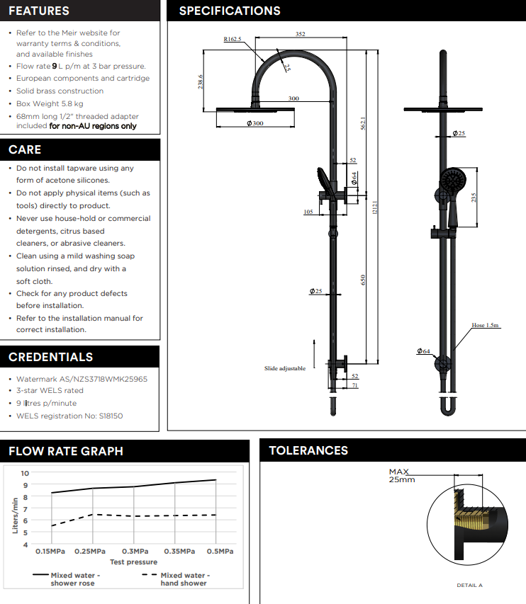 Meir 300mm Round Curved Combination Shower Rail, Three Function Hand Shower Lustre Bronze