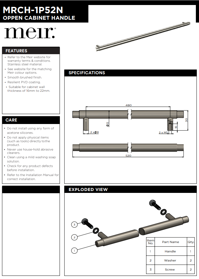 Meir Öppen Round Pull 520mm Cabinet Handle (Brushed) Gunmetal