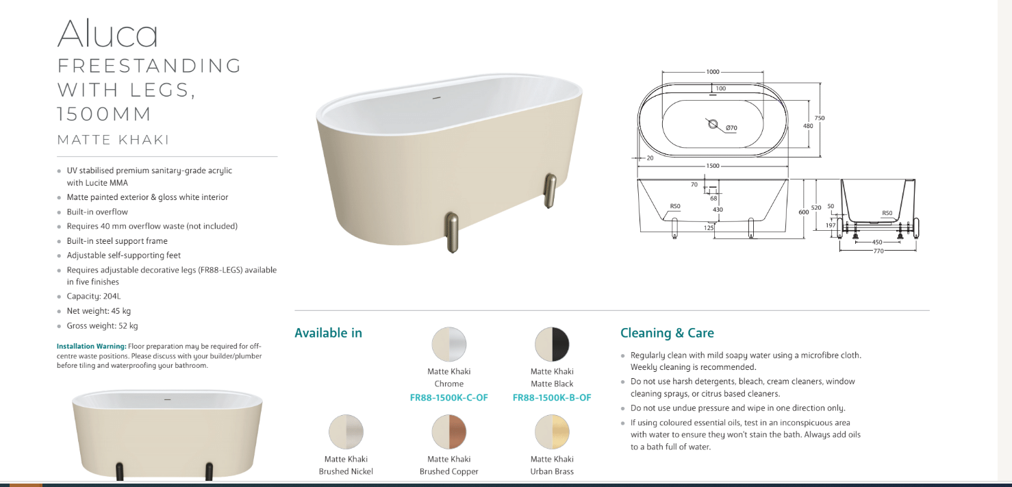 Aluca Freestanding with Legs, 1500mm Matte Khaki