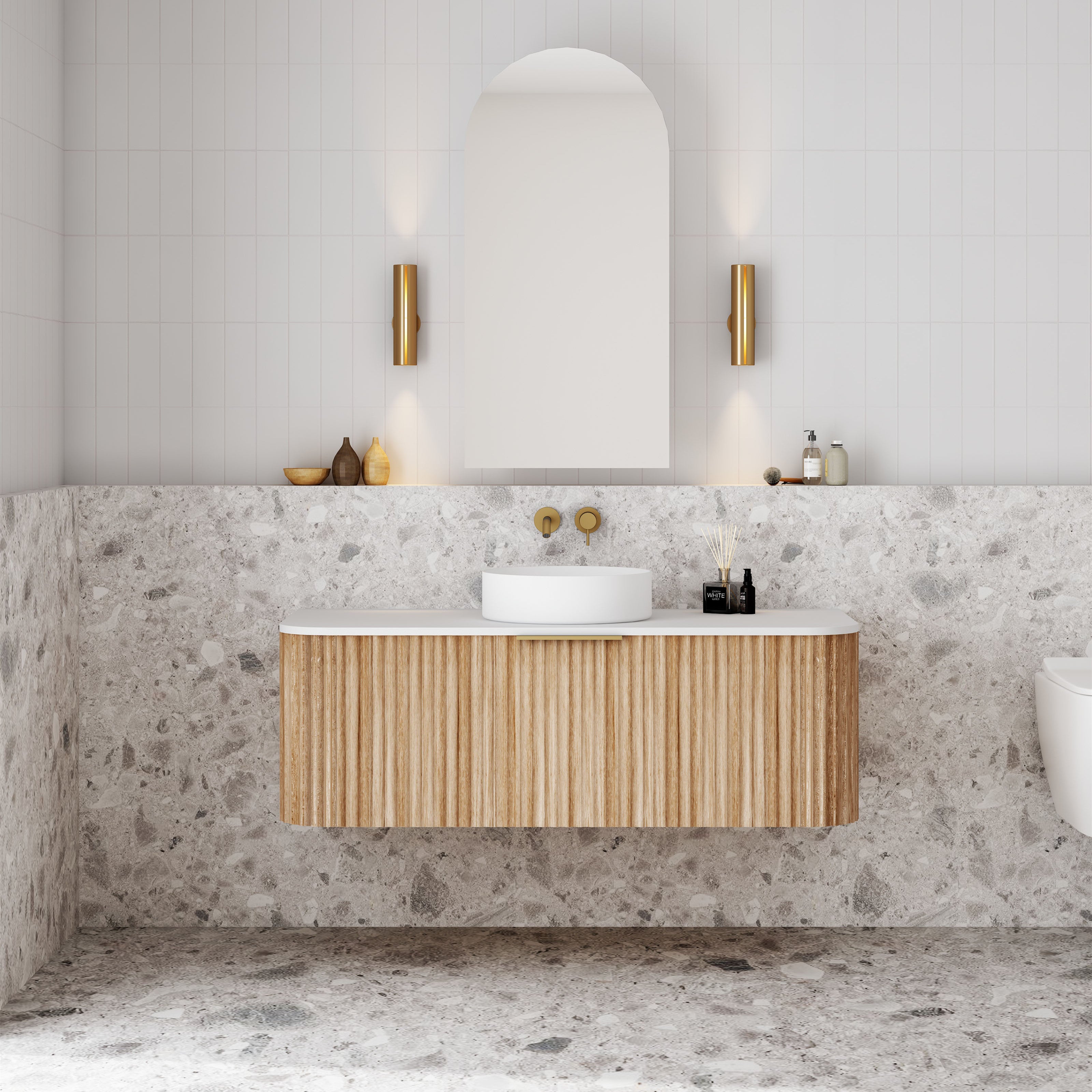 V-Groove Natural Oak Curved Wall Hung Vanity – Designer Bathware