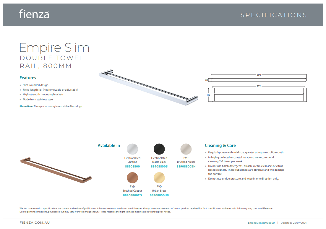 Fienza Empire Slim Double Towel Rail 800mm Matte Black