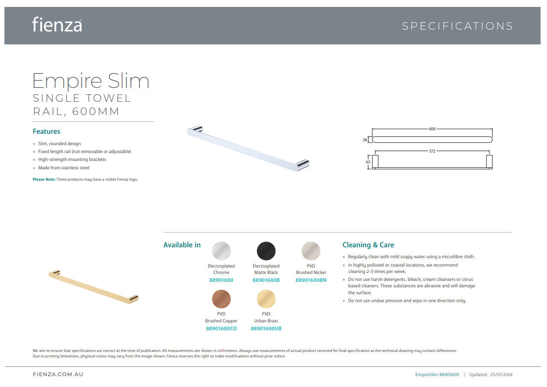 Fienza Empire Slim Single Towel Rail 600mm Brushed Copper