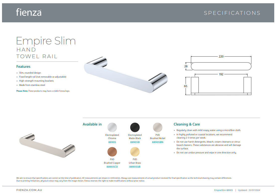 Fienza Empire Slim Hand Towel Rail 300mm Chrome