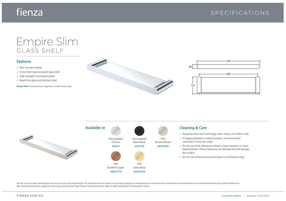 Fienza Empire Slim Glass Shower Shelf Chrome