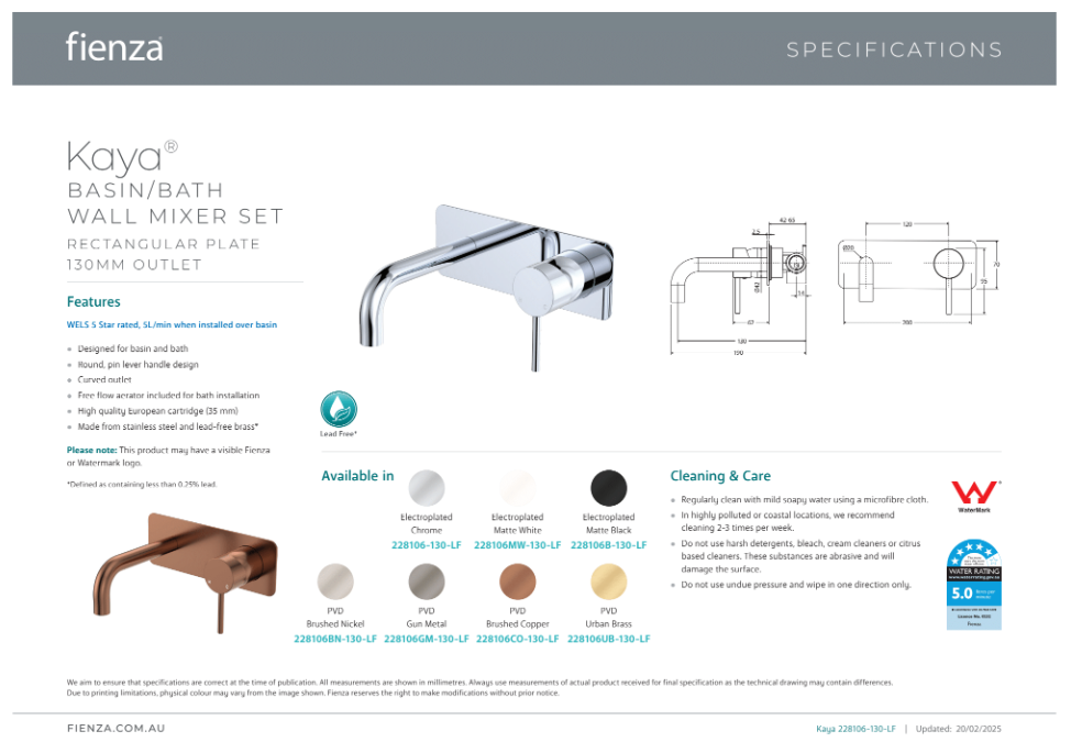 Fienza Kaya Wall Basin/Bath Mixer Set Rectangular Plate 130mm Chrome