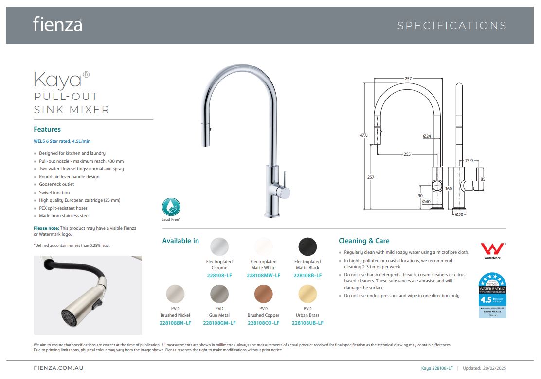 Fienza Kaya Pull Out Sink Mixer Urban Brass
