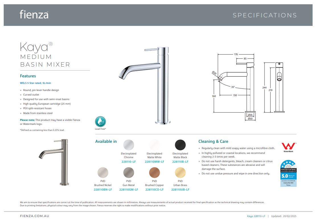 Fienza Kaya Medium Basin Mixer Chrome