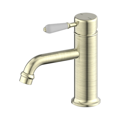Nero York Straight Basin Mixer With White Porcelain Lever - Aged Brass