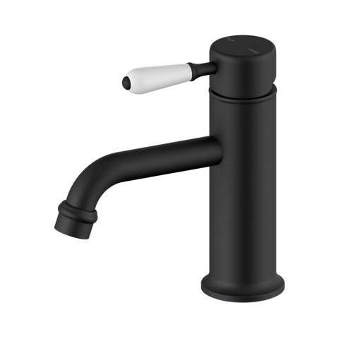 Nero York Straight Basin Mixer With White Porcelain Lever - Matte Black