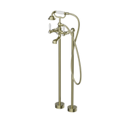 Nero York Freestanding Bath Set with White Porcelain Hand Shower -Aged Brass