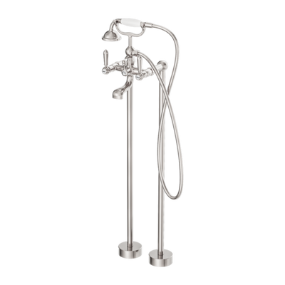 Nero York Freestanding Bath Set with White Porcelain Hand Shower - Brushed Nickel
