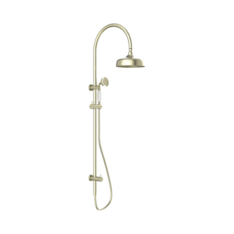 Nero York Twin Shower With White Porcelain Hand Shower - Aged Brass