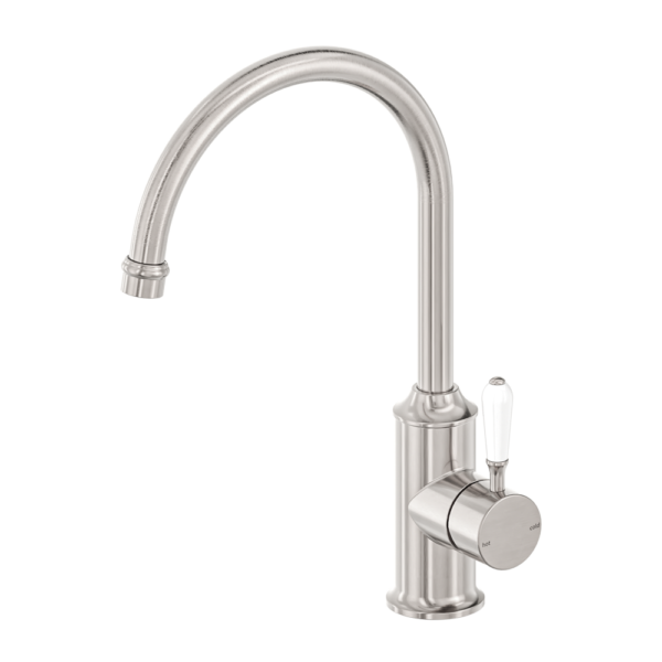 Nero York Kitchen Mixer Gooseneck Spout with White Porcelain Lever - Brushed Nickel