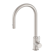 Nero York Pull Out Sink Mixer with Vegie Spray Function with White Porcelain Lever - Brushed Nickel
