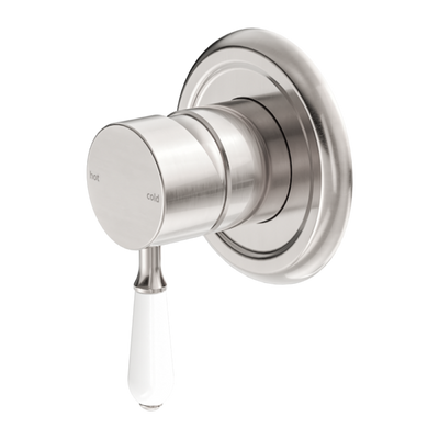 Nero York Shower Mixer with White Porcelain Lever - Brushed Nickel