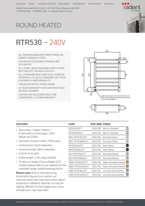 Radiant 240V Heated Round Ladder 430 x 700 Brushed Satin