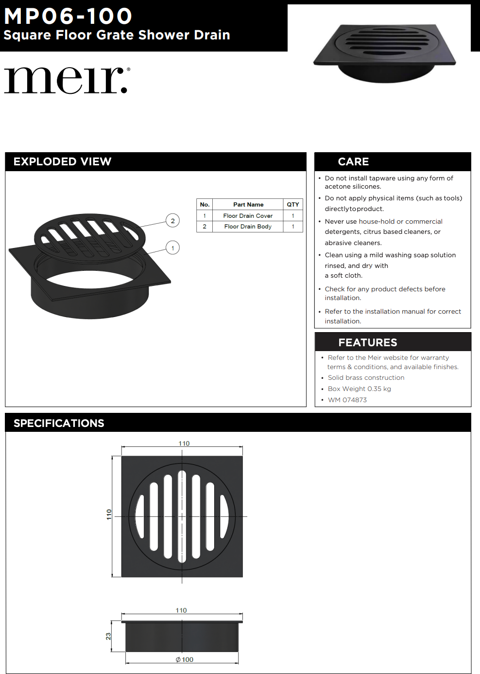 Meir Square Floor Grate Shower Drain 100mm outlet - Matte Black
