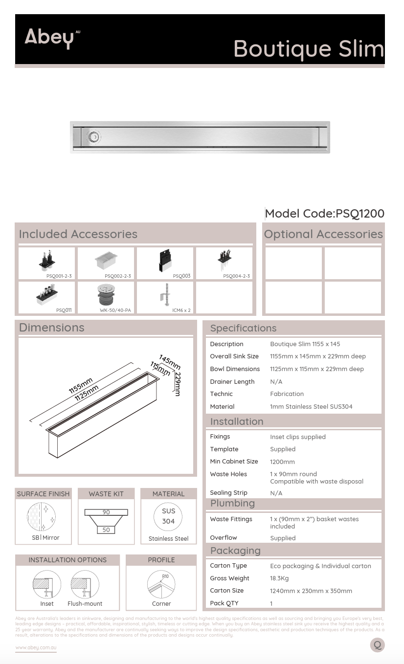 Abey Boutique Slim 1200 Prep Sink
