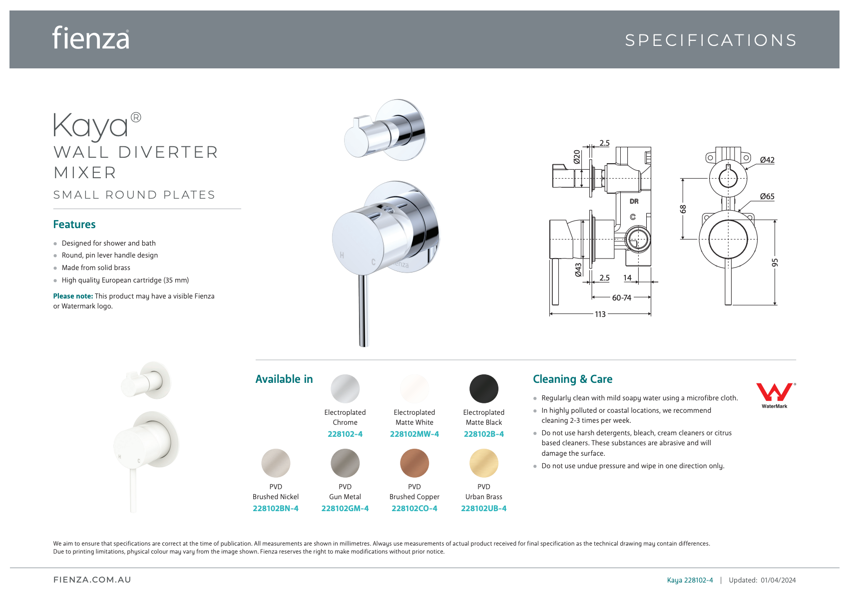 Fienza Kaya Wall Diverter Mixer Small Round Plates
