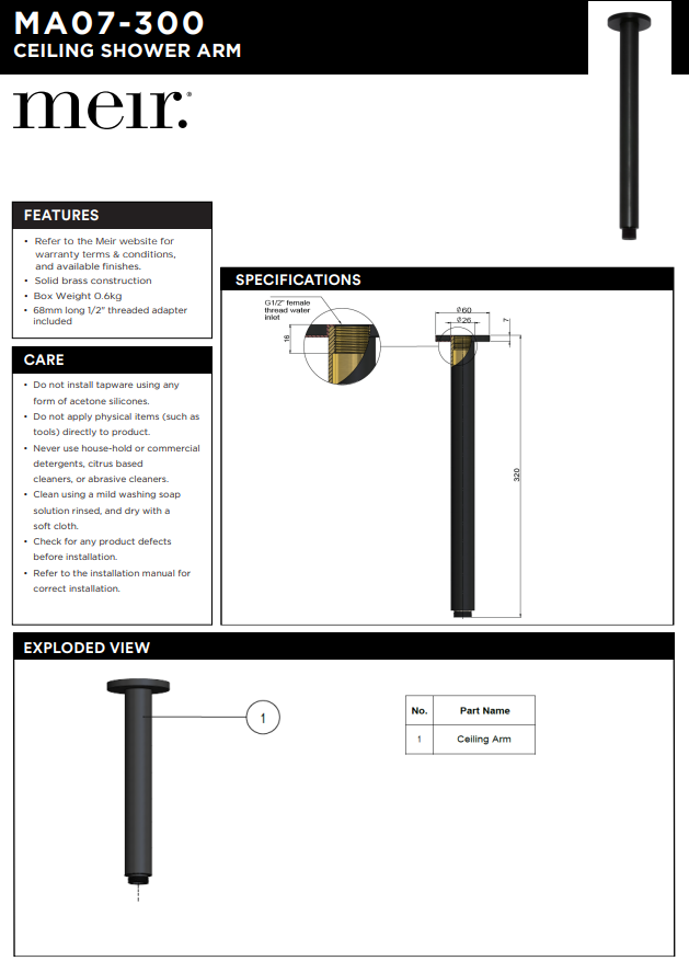 Meir Round Ceiling Shower Arm 300mm Gunmetal