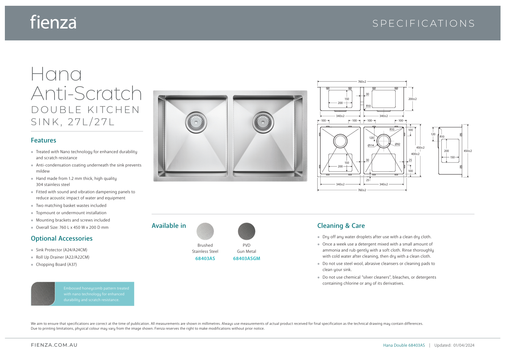 Fienza Hana 27/27 Double Bowl Anti Scratch Kitchen Sink