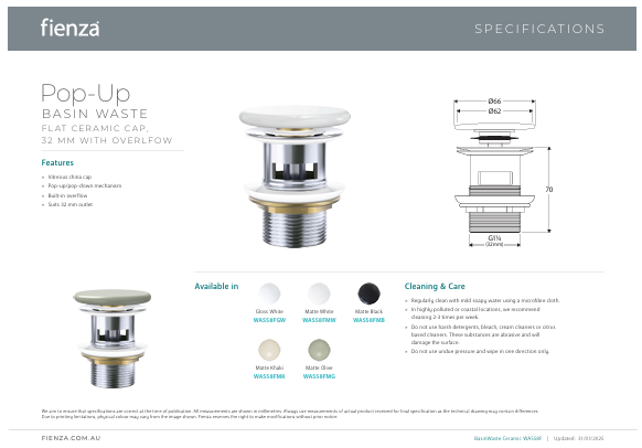 Fienza Pop-Up 32mm Overflow Basin Waste, Matte White Flat Ceramic Cap