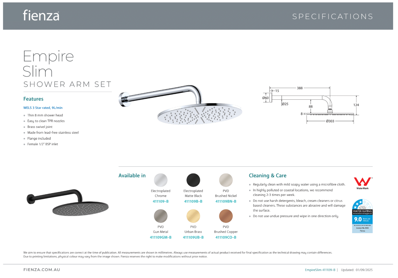 Fienza Empire Slim Shower Arm Set Brushed Nickel