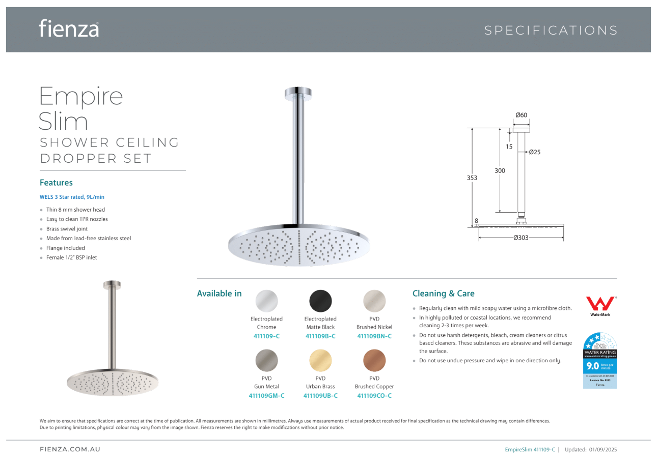 Fienza Empire Slim Ceiling Shower 300mm Head 350mm Drop Brushed Nickel