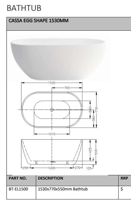 Cassa Design 1500mm Egg Shape Freestanding Bath
