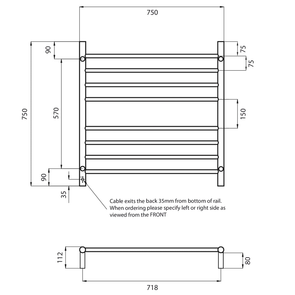 Radiant 240V Heated Round Ladder 750 x 750 Brushed Satin