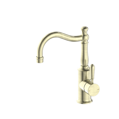 Nero York Basin Mixer Hook Spout with Metal Lever - Aged Brass