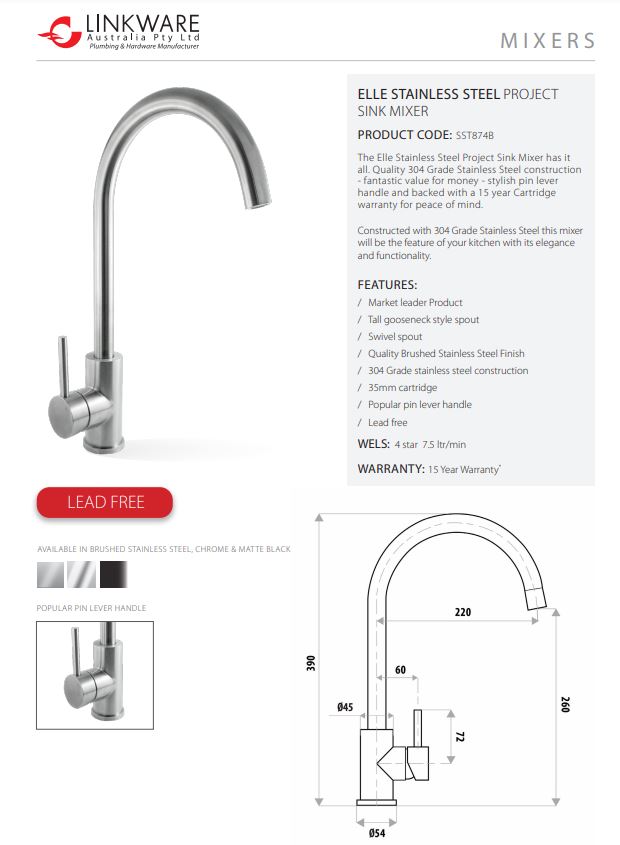 Elle Stainless Steel Sink Mixer - Designer Bathware