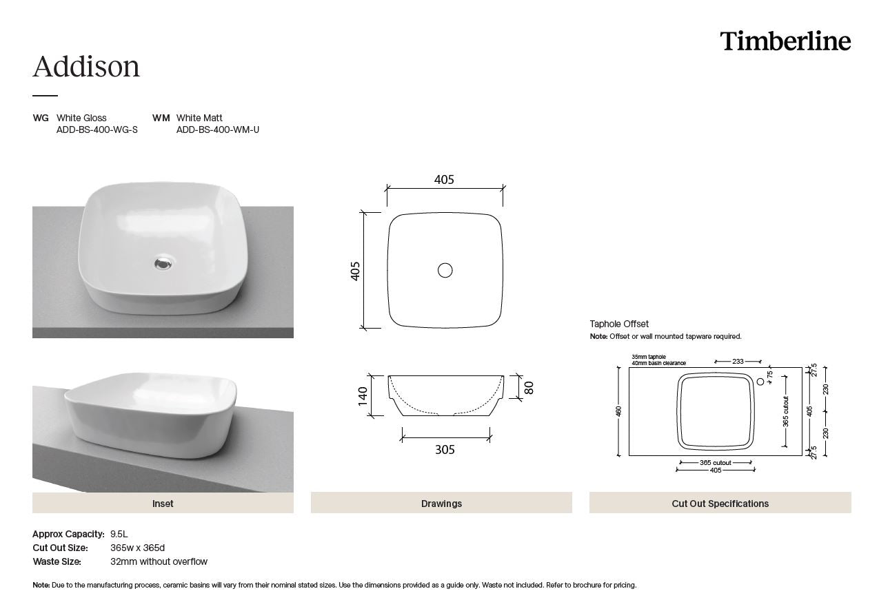Timberline Addison Matte White Basin - Designer Bathware