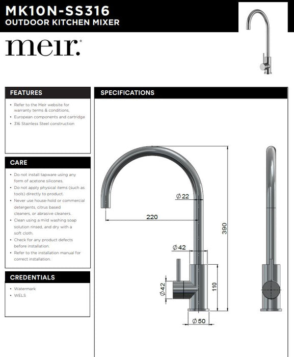 Meir Outdoor Kitchen Mixer - SS316 - Designer Bathware