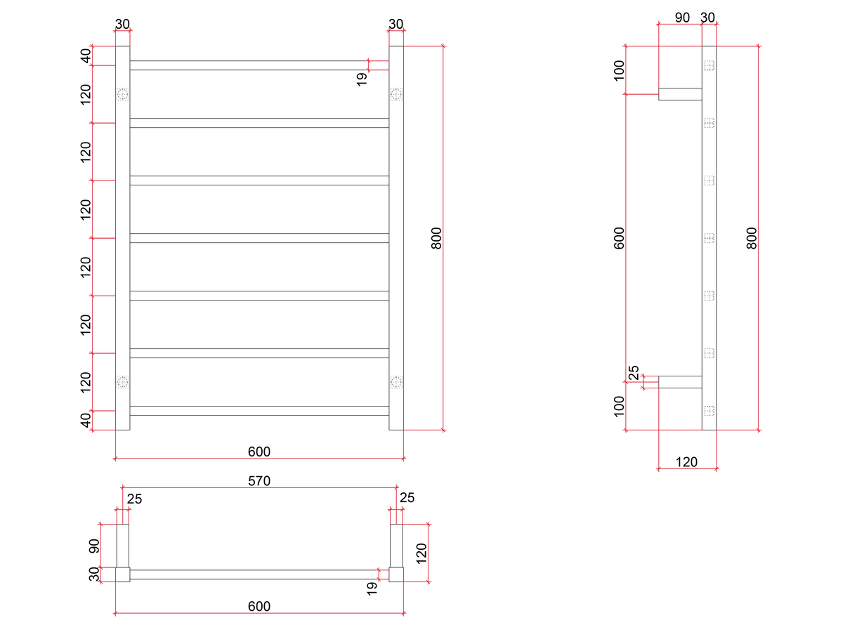 Thermogroup Thermorail 240V Straight Square Ladder Heated Towel Rail Polished Stainless Steel