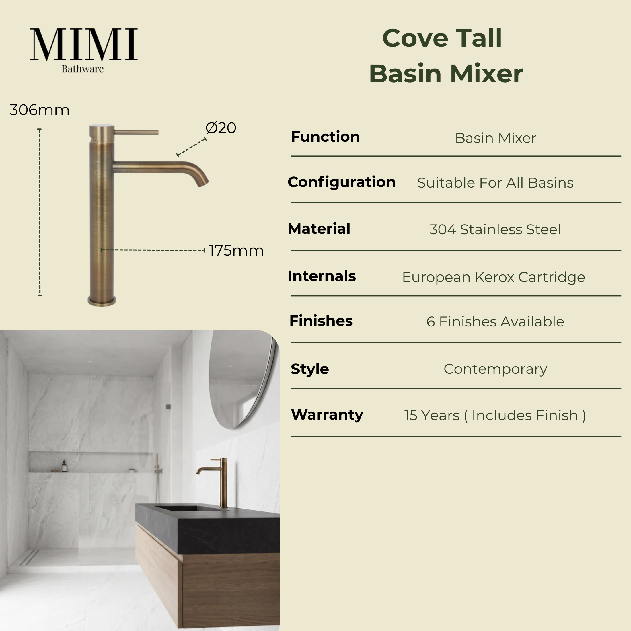 Mimi Cove Tall Basin Mixer Brushed Brass