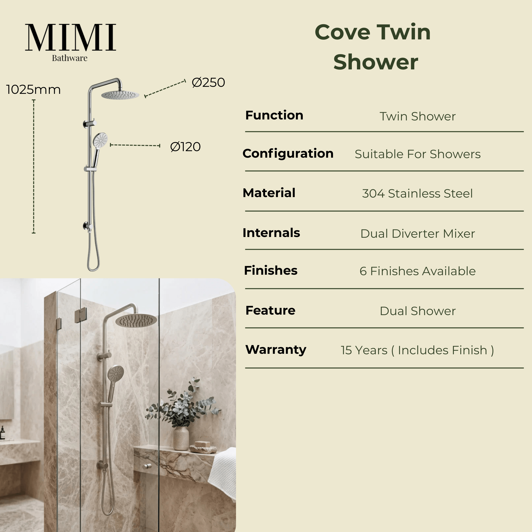 Mimi Cove Twin Rail Shower Chrome
