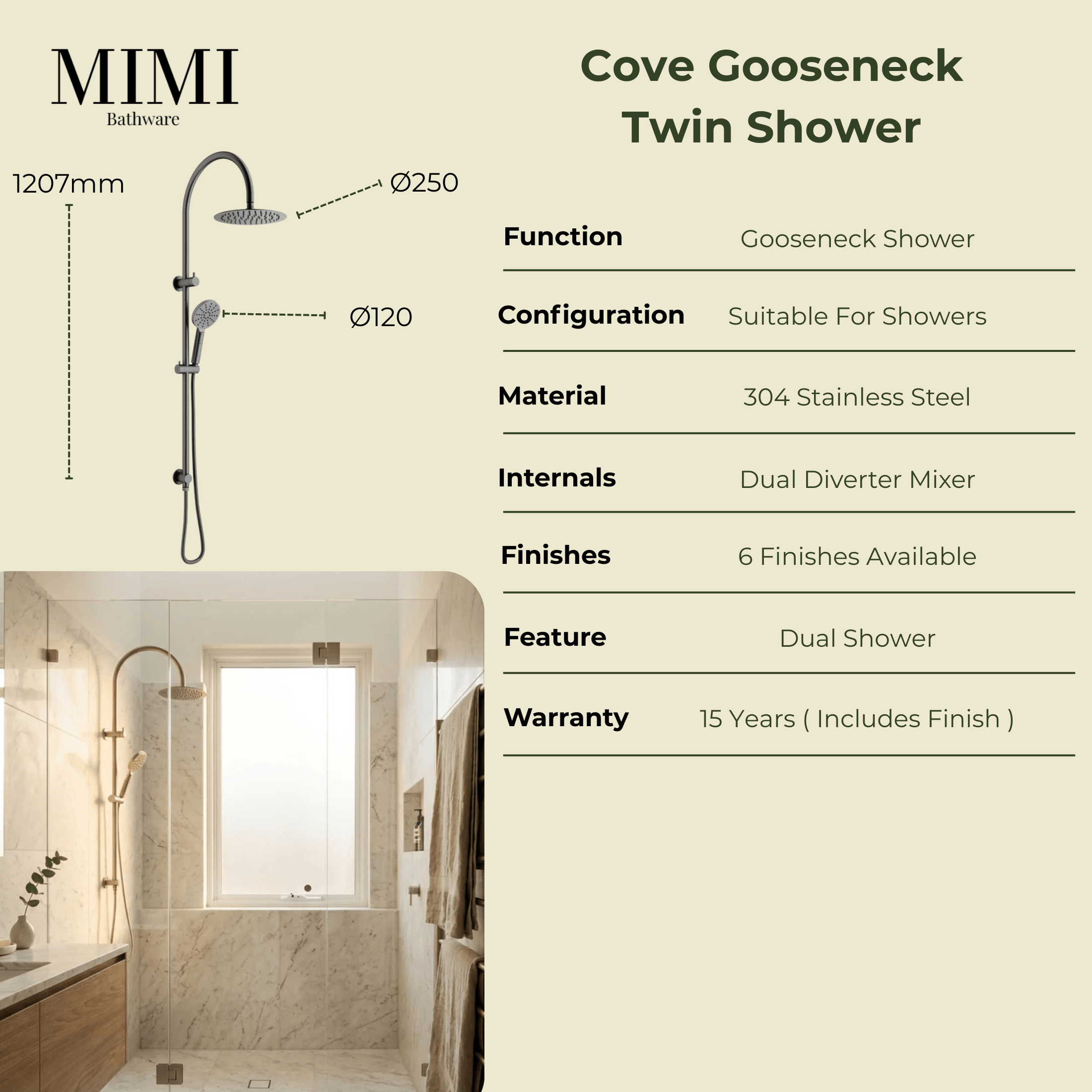 Mimi Cove  Twin Gooseneck Rail Shower Chrome