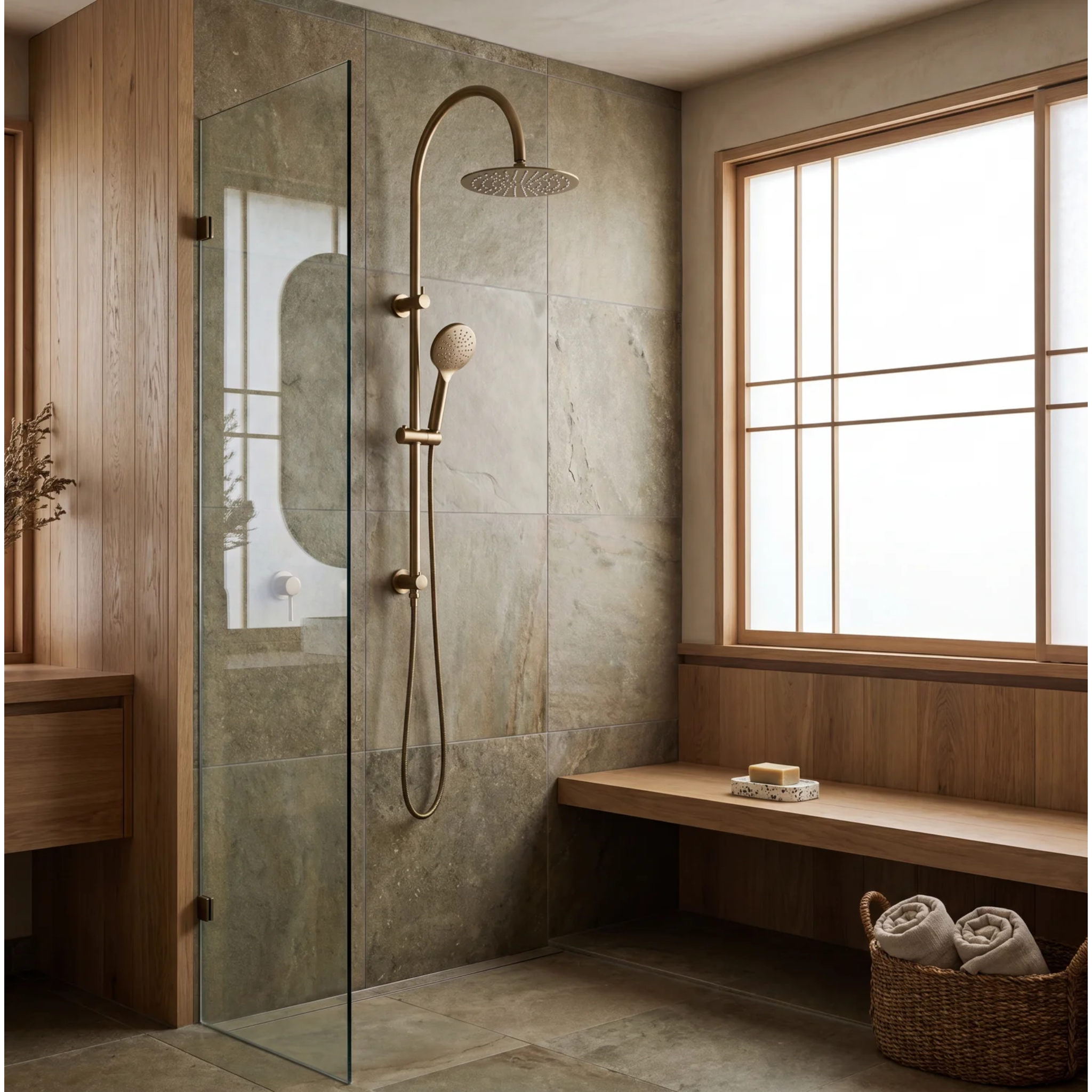 Mimi Cove Twin Gooseneck Rail Shower Antique Brass