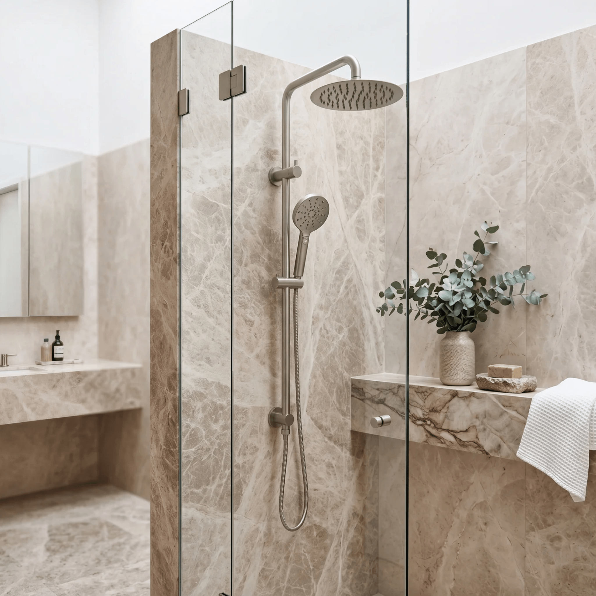 Mimi Cove Twin Rail Shower Warm Brushed Nickel