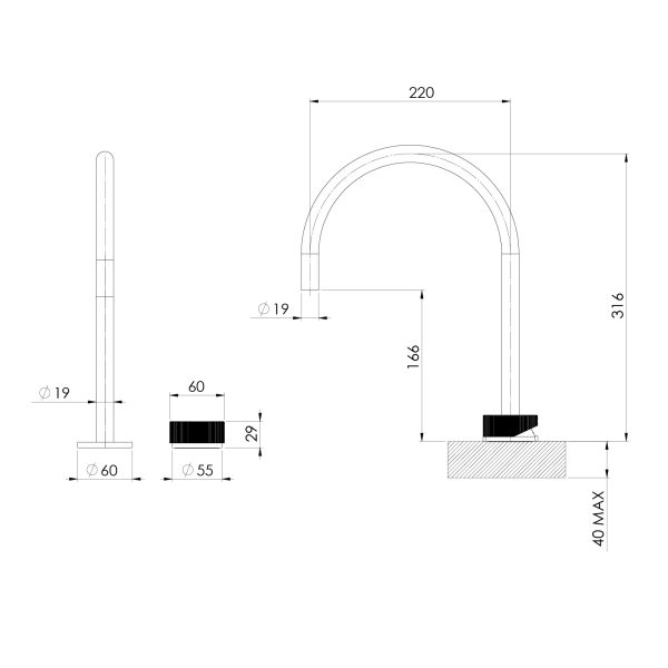 Phoenix Axia Hob Sink Mixer Set 220mm Gooseneck Matte Black