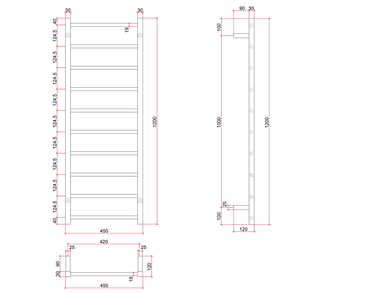 Thermogroup Thermorail 240V Straight Square Ladder Heated Towel Rail Polished Stainless Steel