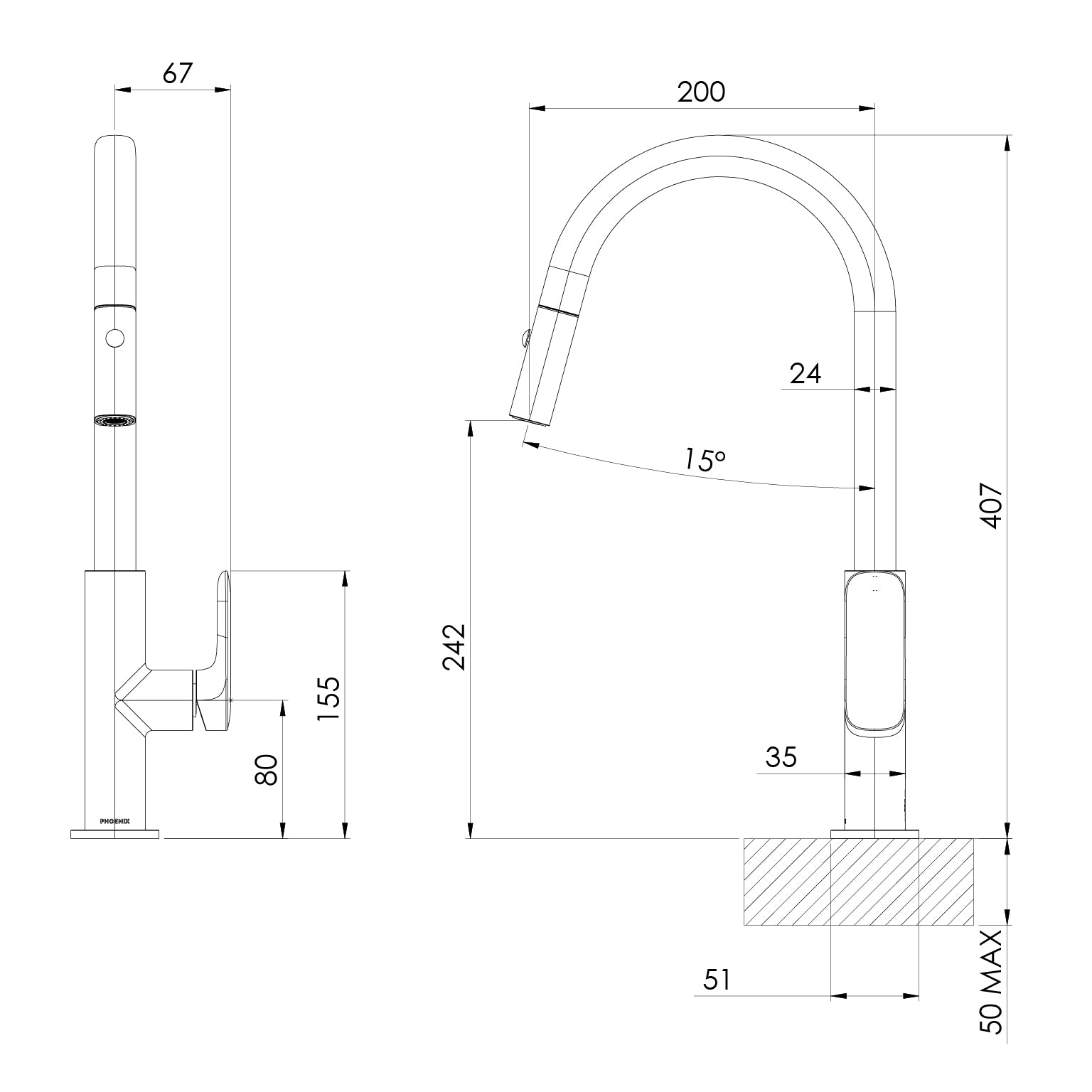 Phoenix Nuage Pull Out Sink Mixer 200mm - Lead Free Brushed Nickel