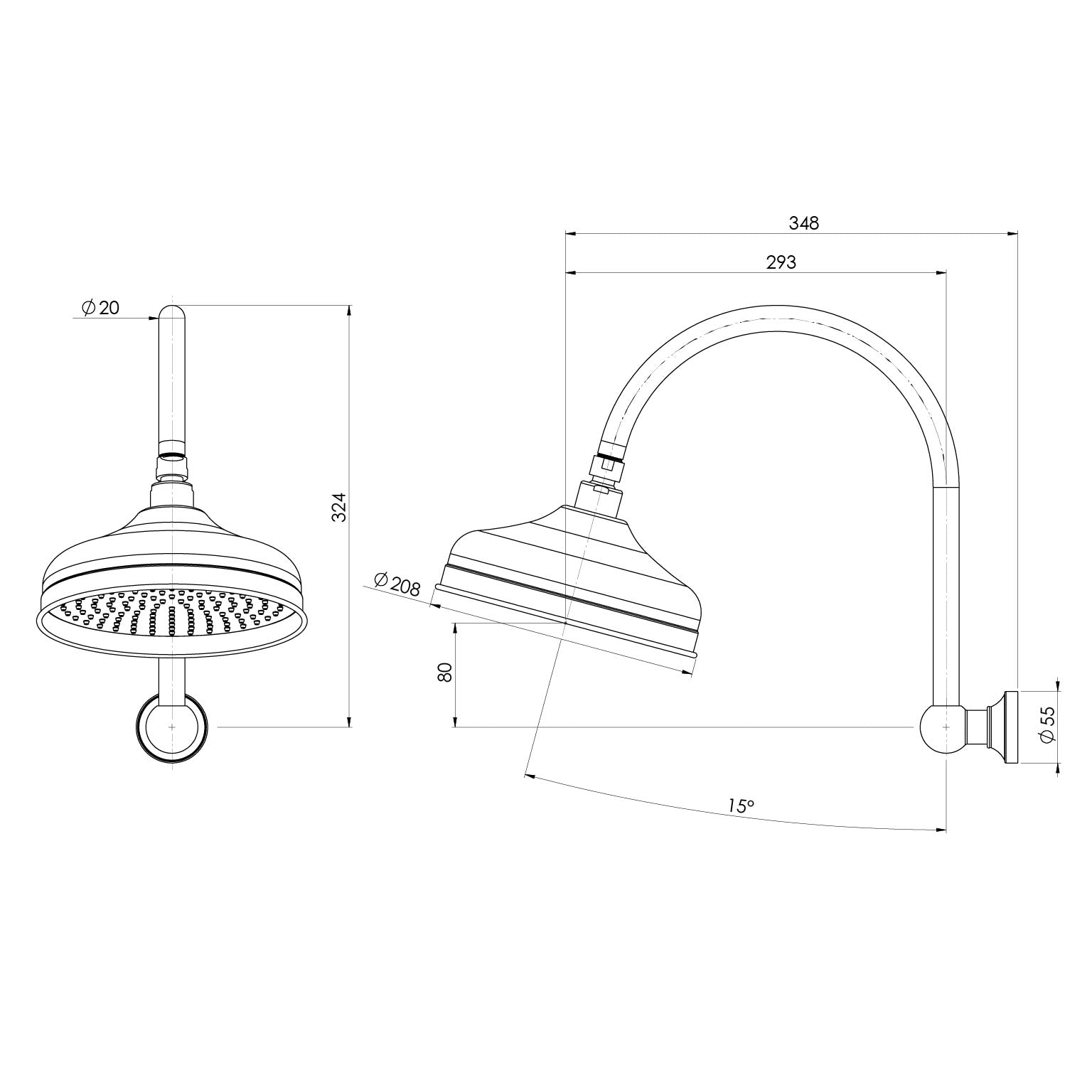 Phoenix Cromford High-Rise Shower Arm and Rose 210mm Brushed Bronze